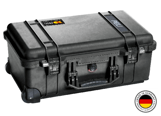 Closed black Peli hard case with reinforced latches, a sturdy carry handle, and built-in wheels for secure and easy transport of sensitive equipment.