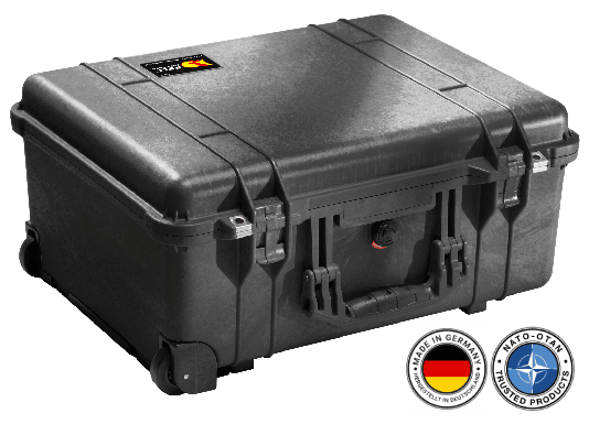 Closed black NATO-certified Peli hard case with reinforced latches, a durable carry handle, and built-in wheels for secure and easy transport of sensitive equipment.