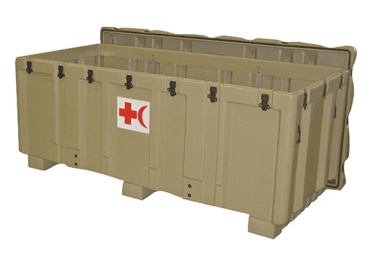Bright orange portable EMS medical supply case with multi-tiered compartments, stocked with bandages, syringes, medications, and essential emergency response equipment.