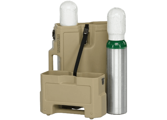Bright orange portable medical supply case with multiple-tiered compartments, stocked with bandages, medication, syringes, and other emergency medical equipment.