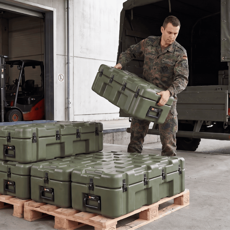 Two soldiers in camouflage uniforms handling a rugged military-grade storage case during field operations, with multiple heavy-duty protective cases stacked nearby.