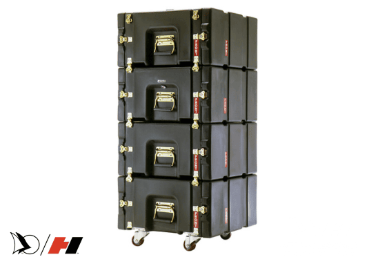 ProRack rack cases stacked together, featuring four modular black storage drawers with gold latches and reinforced corners. The heavy-duty rolling design includes sturdy caster wheels, providing secure storage and mobility for rack-mounted equipment.