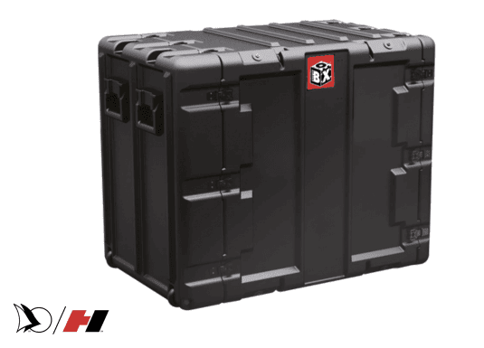 BlackBox rack case with a rugged, heavy-duty design for secure transportation of sensitive equipment. The black protective case features multiple recessed handles, reinforced corners, and strong latches. A BlackBox logo is visible on the front panel.