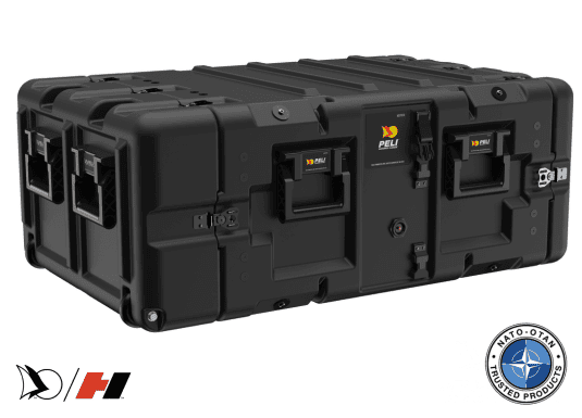 Black Peli military-grade transport case with reinforced corners, multiple recessed handles, and secure latches. The heavy-duty container is designed for rugged protection of sensitive equipment. A NATO-approved product seal is visible in the lower right corner.