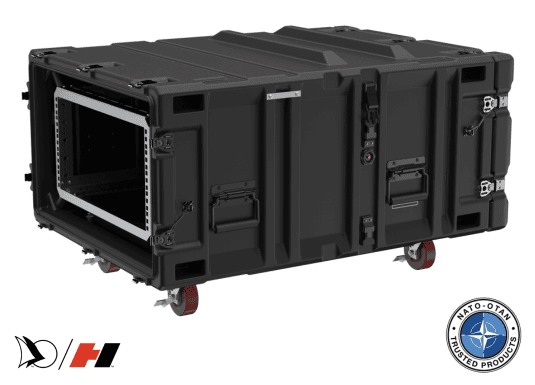 Black rack mount case with a built-in shock-mounted rack frame, designed for secure transport of electronic equipment. The heavy-duty container features multiple handles, reinforced corners, secure latches, and red caster wheels for mobility. A NATO-approved product seal is visible in the lower right corner.