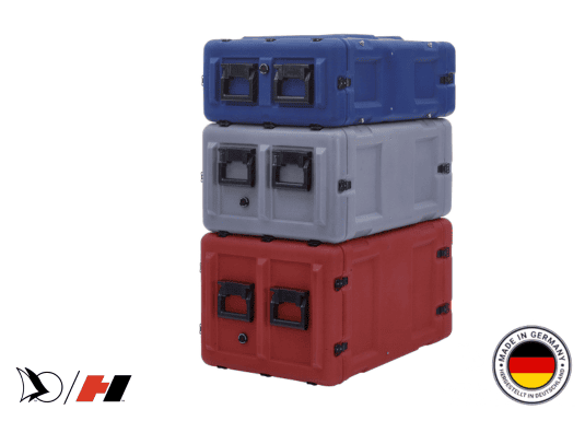 Stack of three rack mount cases in blue, gray, and red, designed for secure equipment transport and storage. Each container features reinforced corners, heavy-duty handles, and front and rear access panels. A "MADE IN GERMANY" seal with a German flag is visible on the lower right side.