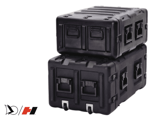 Two stacked rack mount cases in black, featuring reinforced handles, secure latches, and front and side panel access. These rugged cases are designed for transporting and protecting electronic equipment in military, industrial, or commercial applications.