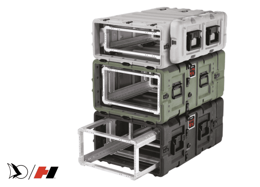 Stack of rack mount cases in gray, green, and black, each featuring reinforced handles and secure front and back access panels. The bottom case has its internal aluminum rack frame partially extended, showing the mounting structure for electronic equipment.