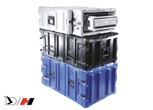 Stack of three rugged rack mount cases in white, black, and blue, designed for military and industrial use, featuring reinforced handles, secure latches, and a rack-mounted electronic system in the top case.