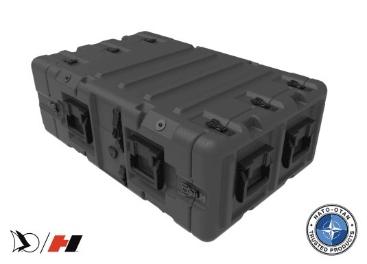 Euro-V rack case designed for secure equipment transport and storage. Features reinforced handles, rugged latches, and a durable military-grade shell. The NATO-approved insignia highlights its defense and tactical applications, ensuring maximum protection for sensitive electronics and gear.